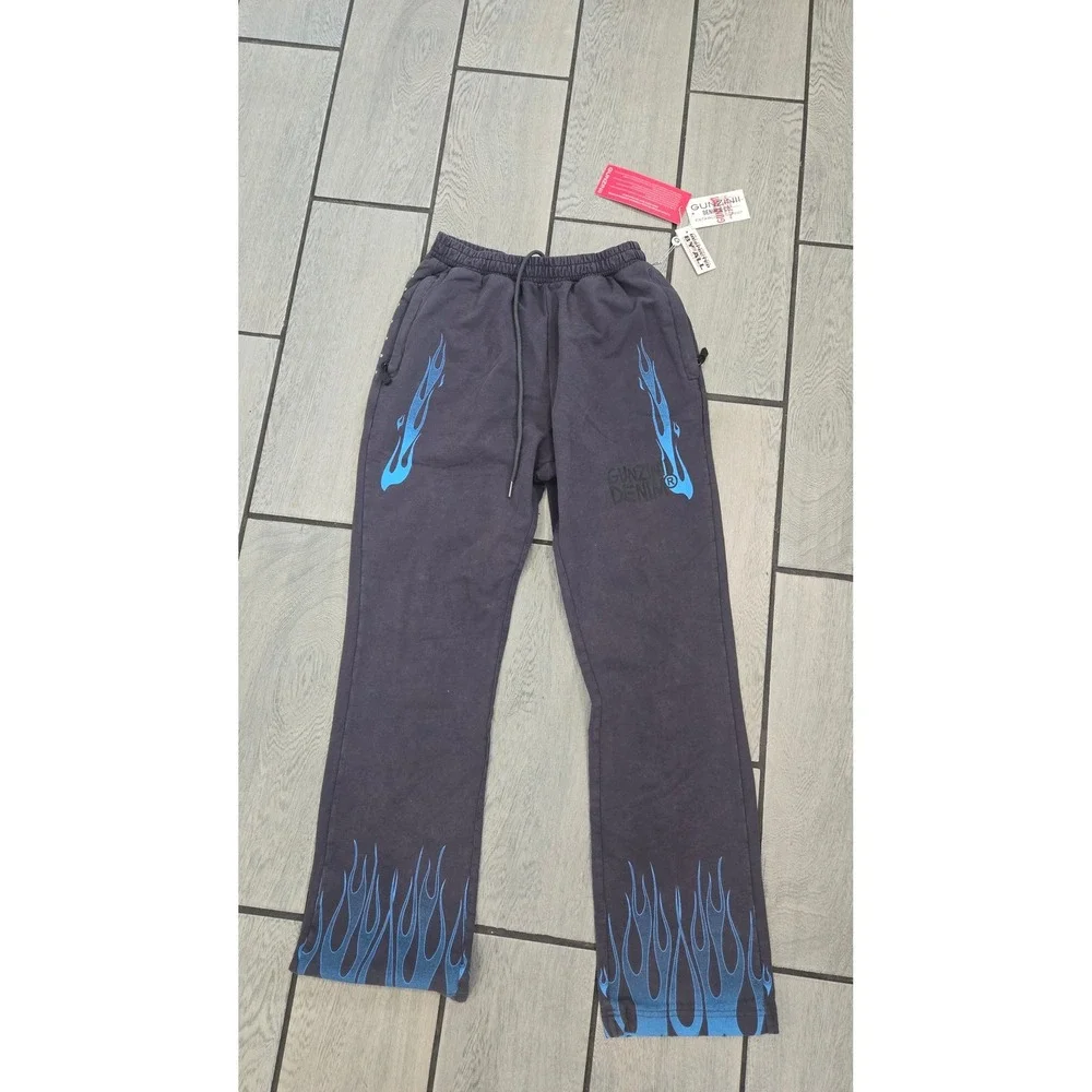 Gunzinii Denim & Co Blue Flame Barbed Wire Sweatpants Black Y2K Streetwear -M